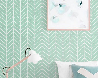 Self adhesive vinyl wallpaper - Herringbone pattern print - 026 SNOW/ MINT