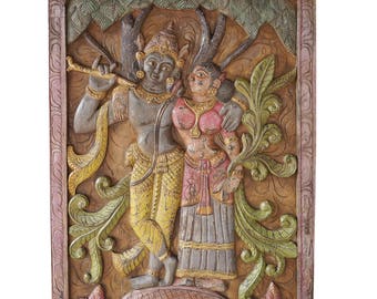 Indian Carving Door Panel Vintage Hand Carved Krishna Radha Spiritual Wall Sculpture, Eclectic Interior SALE