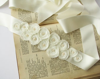 Ivory satin sash Bridal floral belt Wedding accessory Bridesmaid sash