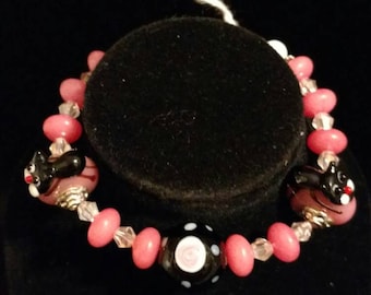 Pink Tourmaline and Kitty Lampwork Bracelet, Size 7