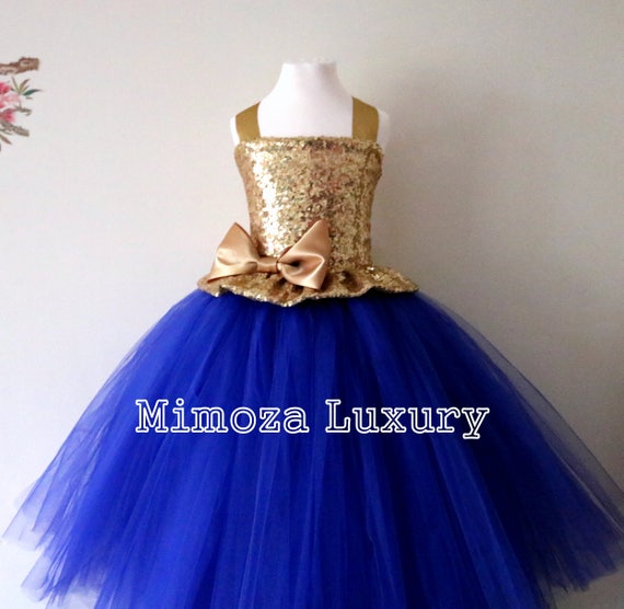 Gold & Royal Blue Flower Girl Dress, Gold sequin bridesmaid dress, Gold flower girl gown, bespoke girls dress, royal tulle princess dress