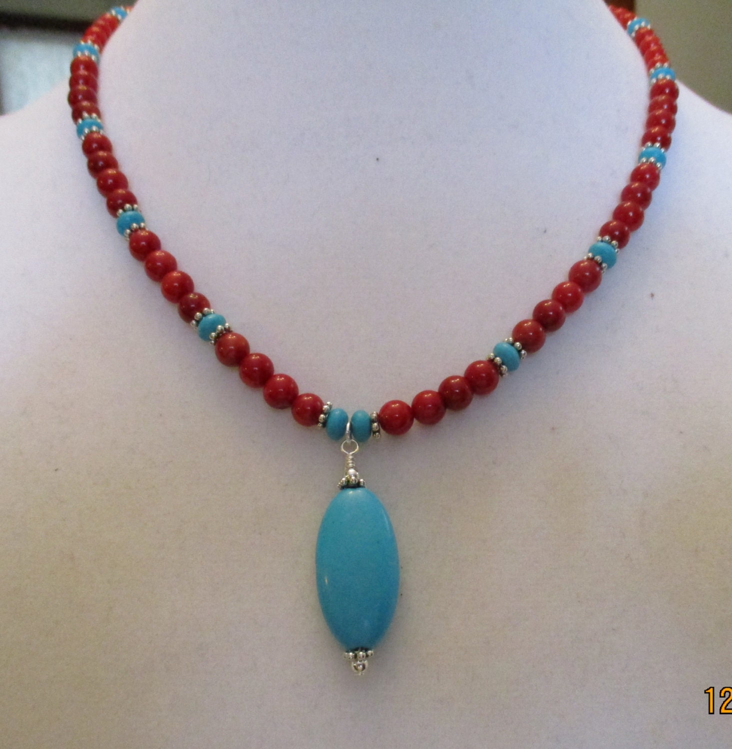 Red Coral and Turquoise Pendant Necklace N6151732
