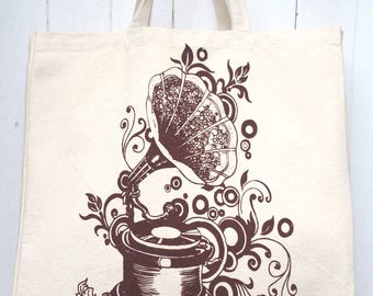 Hand Screen Printed Vintage Gramophone Design Cotton Canvas Tote Bag Shoulder Bag Beach Bag Grocery Bag Travel Bag Natural Reusable