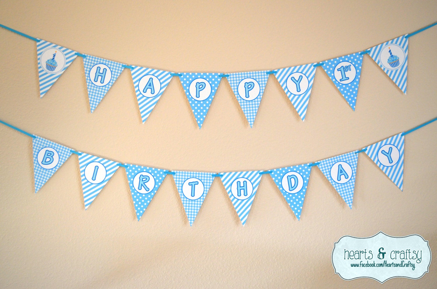 First Birthday Boy Blue Cupcake Happy Birthday Banner / First