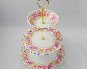 Three Tier Cake Stand Made from Royal Albert "Serena" Dishes, Vintage Bone China, Pink Roses