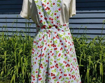 1940s Reproduction Cherry Print Pinafore with Pockets, Removeable Bib