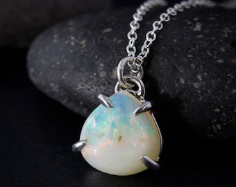 Silver Australian Opal Necklace - Opal Teardrop Pendant - October Birthstone