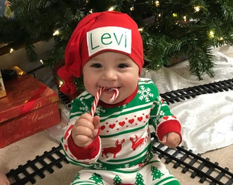 Baby Christmas Pajamas, Baby Christmas Pjs, Red and Green pajamas, Christmas Gift, Christmas jammies, baby romper, reindeer pajamas