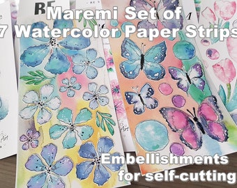 Maremi's Handpainted Watercolor Designs Printed Set of 7 Strips of Paper Embellishments for self-cutting