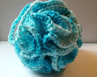 Large Blue Ombre Cotton Loofah, Crochet Bath Pouf, Shower Puff