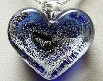 Chunky heart in solid glass blue and gold pendant - lampwork glass with gold dichroic