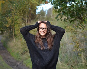 Oversized Plus Size Hand Knit Sweater Tunic Loose Knit Women's Sweater Black