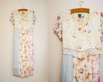 Vintage 90s Floral Patchwork Maxi Dress / Layered Sheer Dreamy Shortleeve Dress / Free Fitting