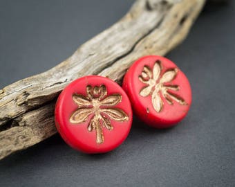 2 pcs - round Czech glass beads flat disks - matte Red frosted textured gold - encrusted Dragonfly motif - 18mm x 5mm