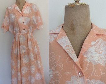 1980's Peach Floral Print Cotton Shirtwaist Dress Size XS Small by Maeberry Vintage