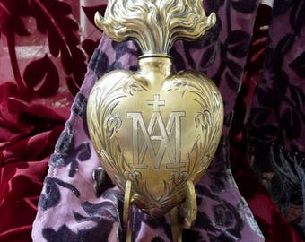 Antique French Virgin Mary Gilded Flaming Sacred Heart, A Victorian Talisman for the Alchemist...offered by RusticGypsyCreations