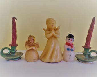 Five Vintage Christmas Candles, Two Angels, One Snowman, Two Gurley Chambersticks