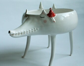 Peter the Wolf with Little Red Riding Hood - ceramic bowl, planter