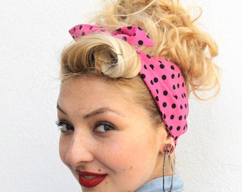 Pink Spotty Vintage Style 1950s Head Scarf / Hair tie