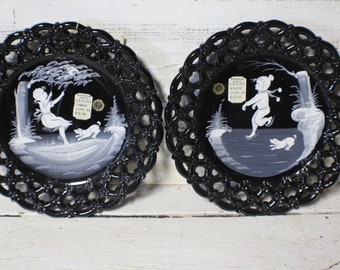 Westmoreland Black Plates Winter and Summer, Vintage Mary Gregory Scenes