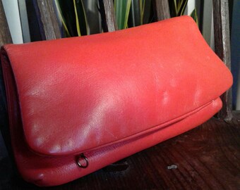 70s CORAL LEATHER CLUTCH—Folds in Half—Brass Zipper Pockets—Bright Color
