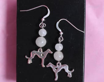 Greyhound Whippet Sterling Silver Wire Earrings with Moonstones