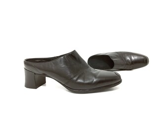 Minimalist Leather Mules, Block Heel Women Size 7 Vintage - Black Open Heel Backless Sandals with Medium Heel