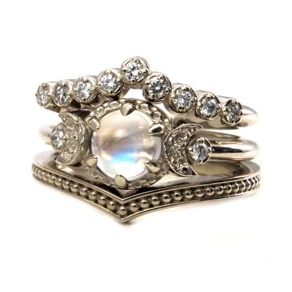 Moonstone Engagement Ring Set - Diamond Chevron Wedding Band and Millgrain Stacking Ring