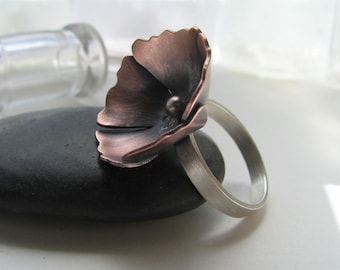 Poppy copper and sterling silver blossom ring - made to order