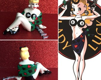 Lady Luck Pinup Figurine ~ ReVamped Vintage Miniature Ceramic Cutie ~ Ready to Ship