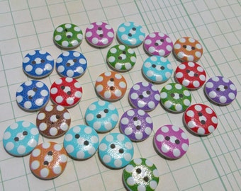Polka Dot Wood Buttons - Red Aqua Green Purple Orange Blue Polka Dots Wooden Button - 5/8" Wide - 25 Buttons
