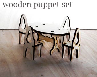 Wooden furniture doll hause dining set Wooden Table and chairs for doll house Unfinished wooden furniture for doll Childrens girl toys