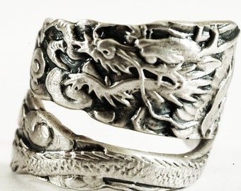 Asian Dragon Ring, Spoon Ring Sterling Silver Dragon Ring, Japanese Dragon Gift, Handmade Ring, Gothic Mens Gift, Adjustable Ring Size, 3463