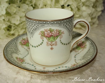 Ford & Pointon, England: Demitasse and saucer with lovely green garland and pink flowers
