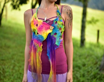 Nuno Felted Top-Rainbow Halter Top-Silk Top-Rainbow Felt Costume-Rainbow Fairy Top-Fairy Costume-Rainbow Costume-Woodland Costume OOAK