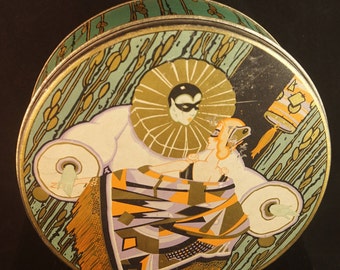 Art Deco Harlequin Pierrot bisquit candy tin - European Deco collectible and very rare cookie tin - Masquerade man and woman in love