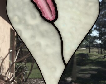 Stained Glass, Heart ,Suncatcher, Love , Agate,Pink, White