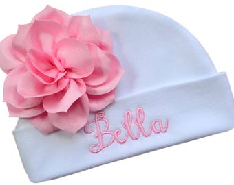 Personalized Embroidered Baby Girl Monogrammed Hat with attached LOTUS FLOWER - 100% Cotton - Your CUSTOM Text By Funny Girl Designs