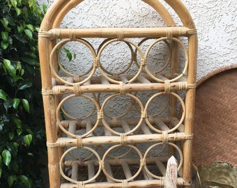 Bamboo & Vintage Caning Wine Rack | Caned Wine Bottlle Holder | Boho Chic Kitchen Decor