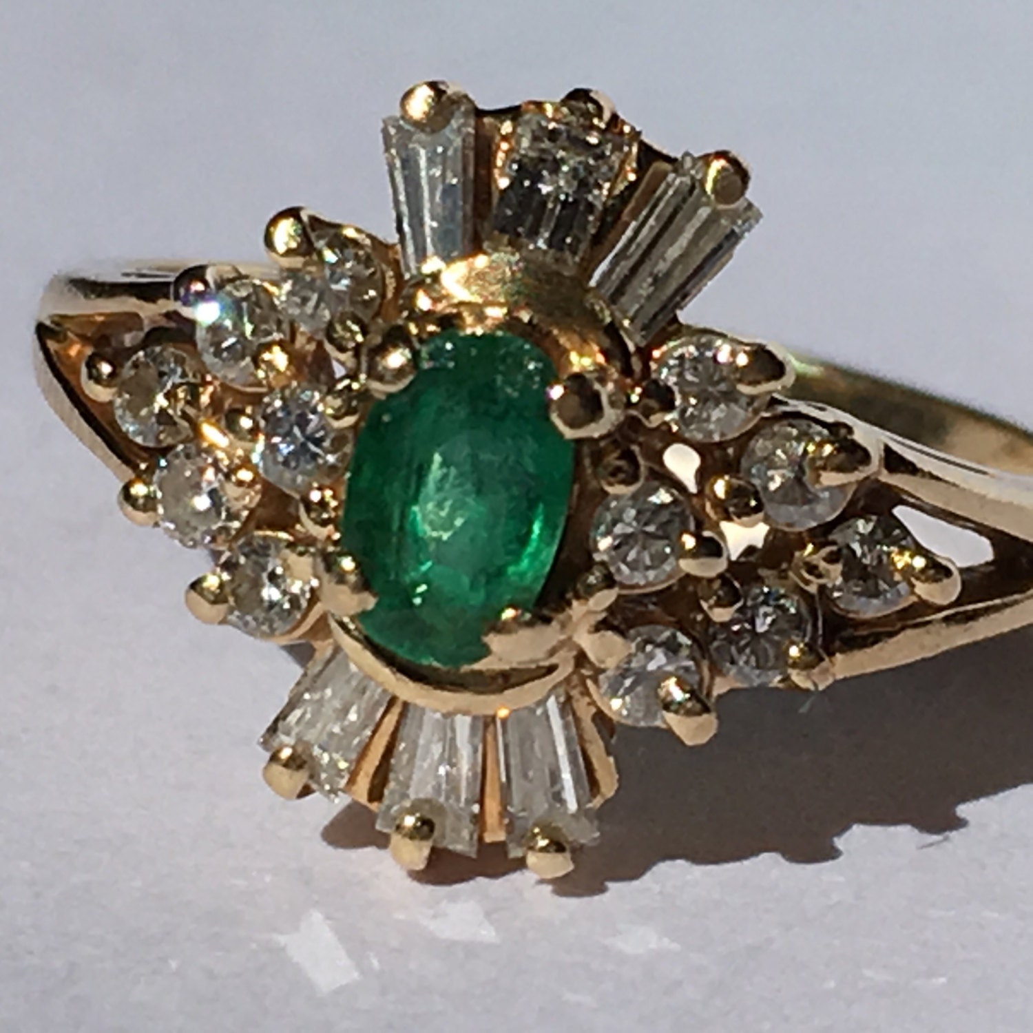 Antique Emerald Ring. Diamond Halo. 14K Yellow Gold Art Deco Setting ...