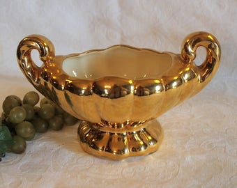 Mid Century Gold Ceramic Trophy Style Vase or Planter in Excellent Condition