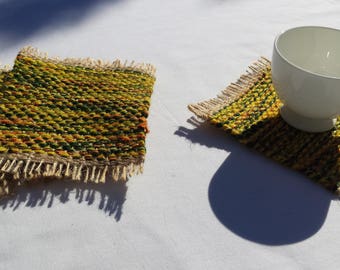 Mug Rugs, upcycled handwoven coasters, green, yellow, orange and beige drink coaster gift set