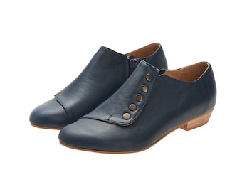 Flat navy blue shoes/ Grace/ leather shoes with a side zipper