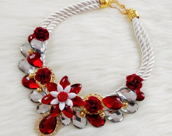 Handmade bib statement necklace with maroon and white acrylic gemstones, trendy jewelry, gift for her, wedding necklace, bridesmaid jewelry