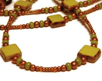 Olive Green Travertine Eyeglass Chain, Reading Glasses, Sunglasses Holder, Leash, Strap, Copper Beads and Matching Green Seed Beads
