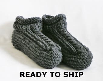 Gray Mens Slippers Low Cuff Charcoal Dark Gray Bedsocks, Handknitted, Size 10 - 11