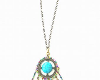 Be a Dreamer! Handcrafted Turquoise and Beaded Dreamcatcher Necklace with Bronze feathers and chain!