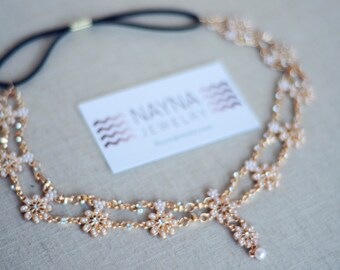 THE CELINE - Gold Flower Pearl Rhinestone Indian Boho Bohemian Headband Festival Hair Chain Delicate Headpiece Egyptian Tiara Christmas