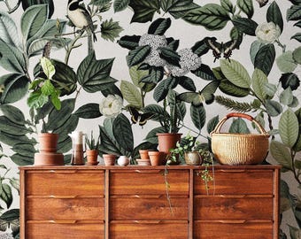 Floral wallpaper, Botanical scenic wall mural, Removable wallpaper, Greenery, Peel and stick wallpaper, Reusable, Green plant wall decor #24