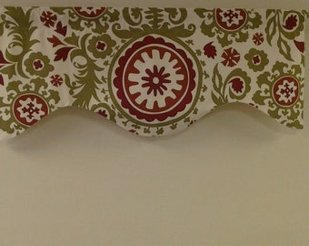 Suzani lined shaped valance, 50W x 17H Olive green, brick red, natural